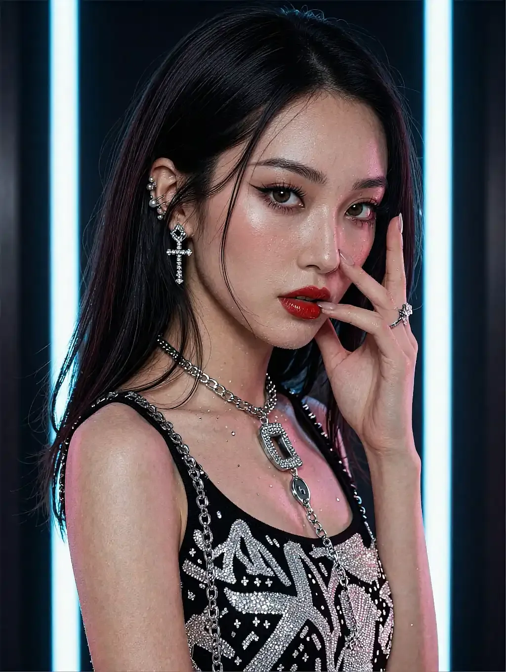 Fictional AI character with red lipstick and layered silver chains, hand raised to her face against white light bars