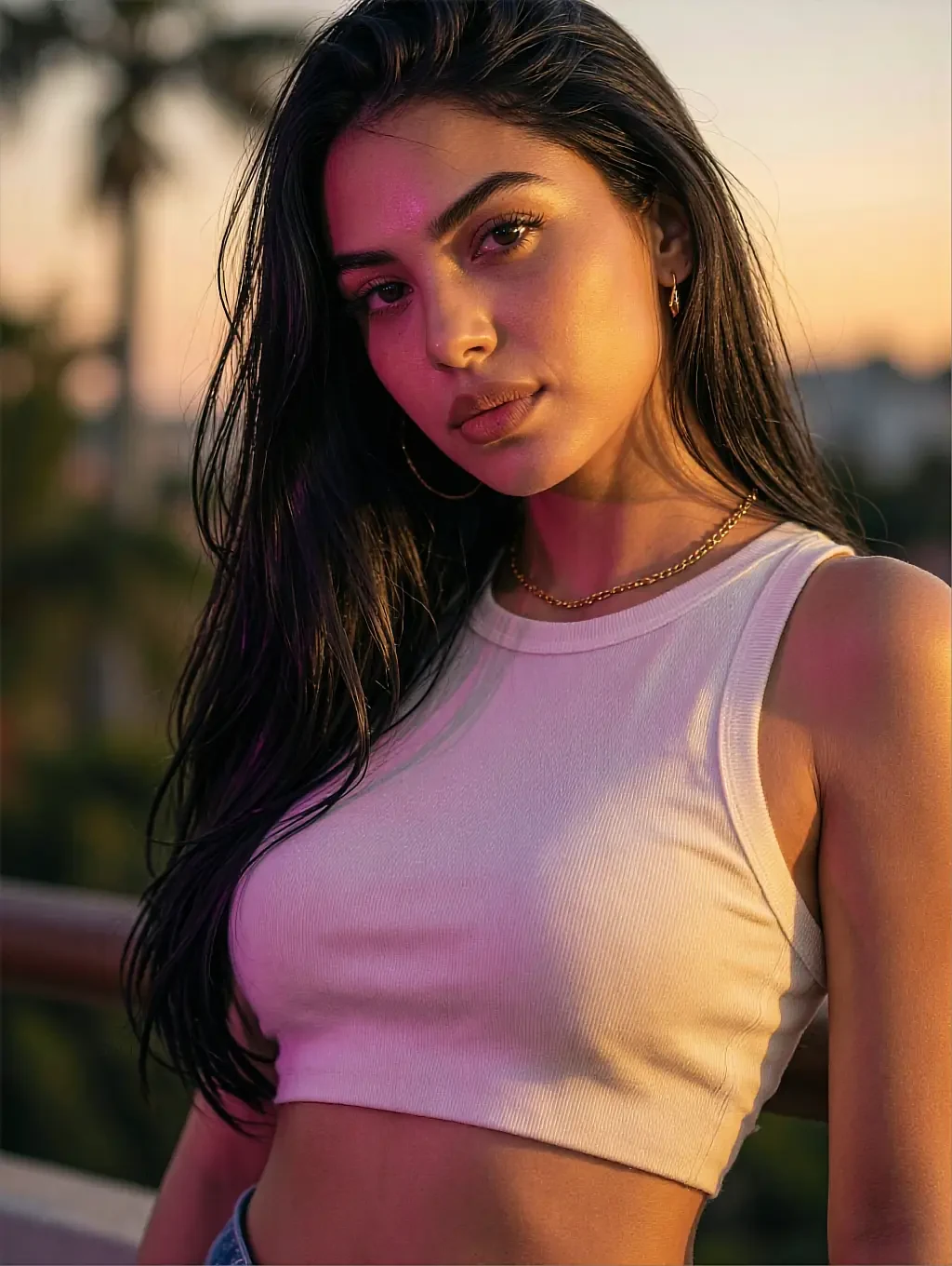 Fictional AI character in a white cropped tank outdoors at sunset, palm trees behind her